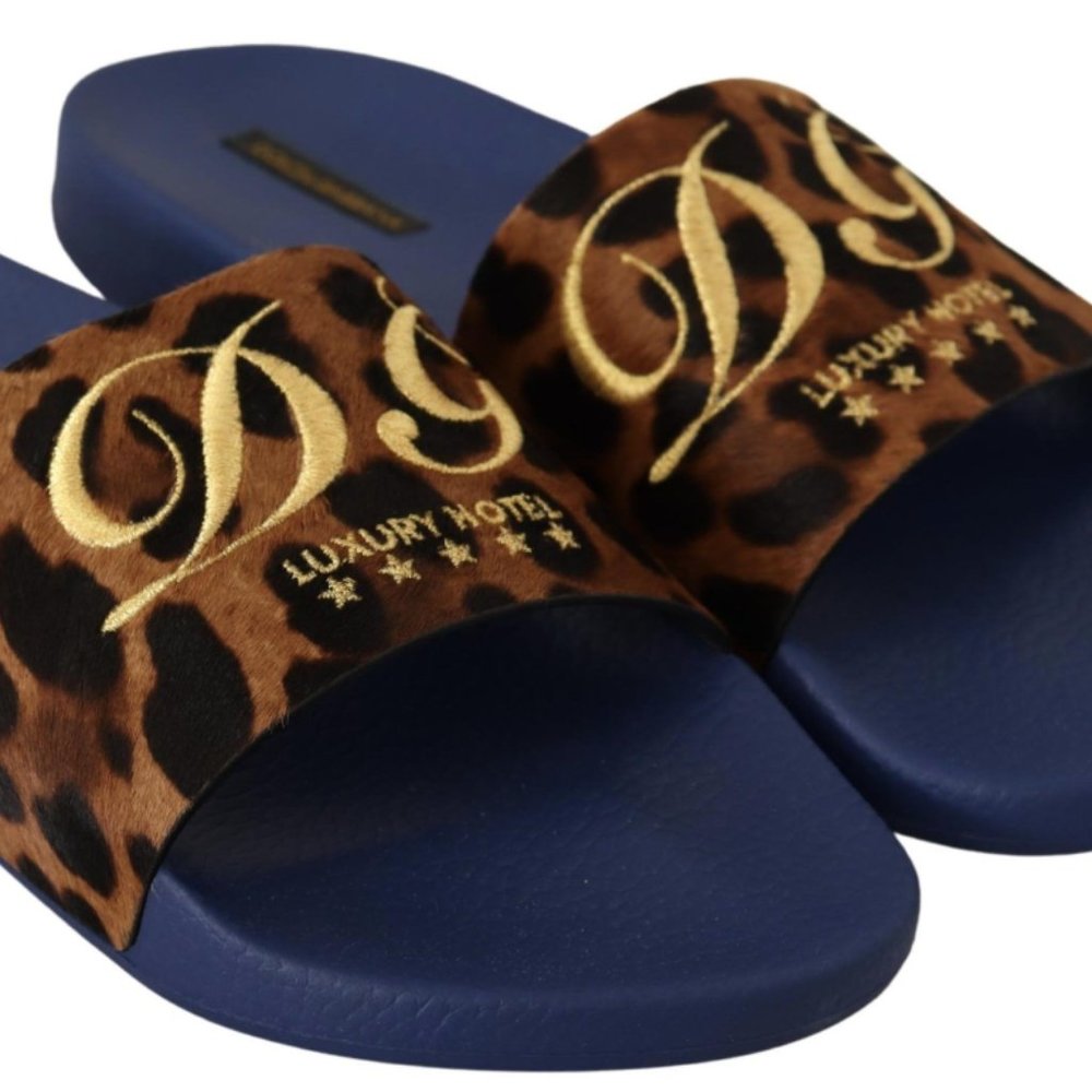DOLCE & GABBANA Blue Brown Leopard Logo Rubber Slides Slippers Shoes